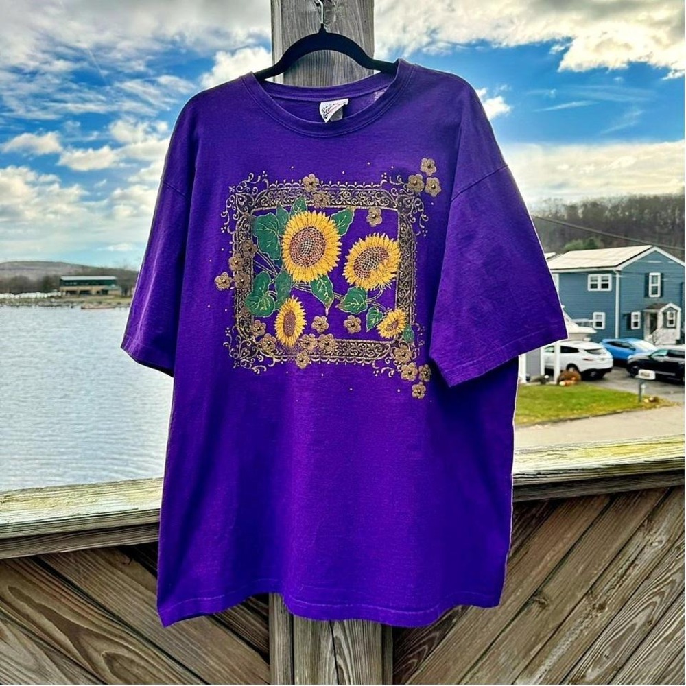 Vintage 90s Sunflower T Shirt Women's Plus Size 2X Purple Glitter Retro Floral‎